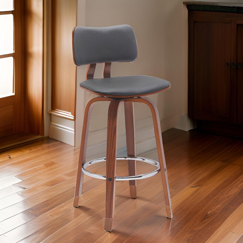 Pino 26 Inch Swivel Counter Stool Chair, Gray Faux Leather, Walnut Brown - Benzara