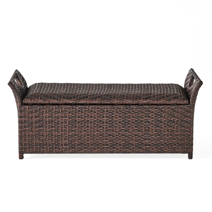Outdoor Bench with Hinged Lid Storage, 42 Inch Dark Brown PE Rattan - Benzara