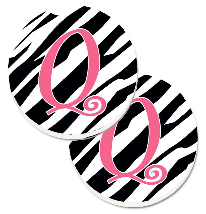 Caroline's Treasures Monogram Initial Q Zebra Stripe & Pink Set of 2 Cup Holder Car Coasters CJ1037-QCARC, 2.56, Multicolor