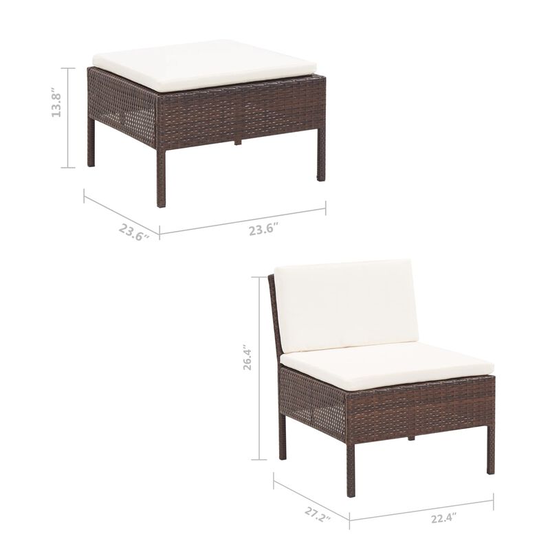 Modular 3pc Outdoor Lounger Sofa, Brown Poly Rattan, Ivory Fabric - Benzara