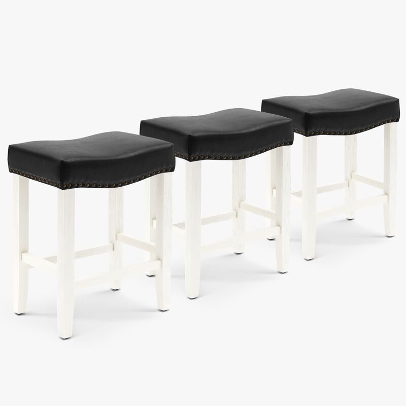 WestinTrends 24" Upholstered Saddle Seat Antique White Counter Stool (Set of 3)