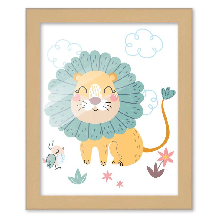8x10 Framed Nursery Wall Art Boho Safari Lion Poster In Natural Wood Frame For Kid Bedroom or Playroom