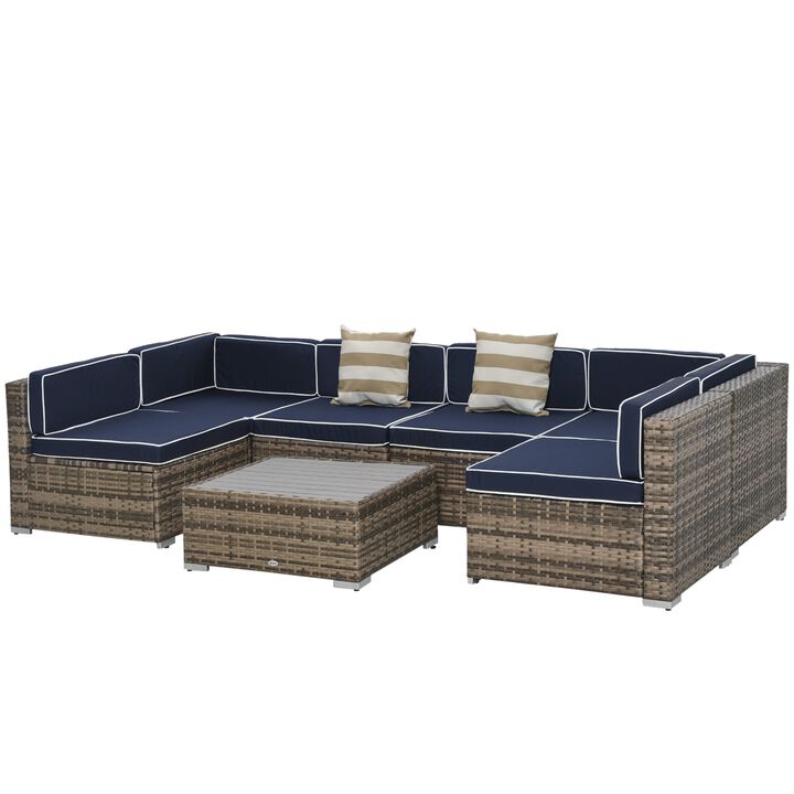Blue Patio Ensemble: 7-Piece PE Rattan Wicker Sofa Set with Wood Table