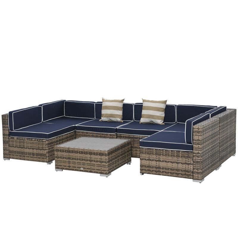 Blue Patio Ensemble: 7-Piece PE Rattan Wicker Sofa Set with Wood Table