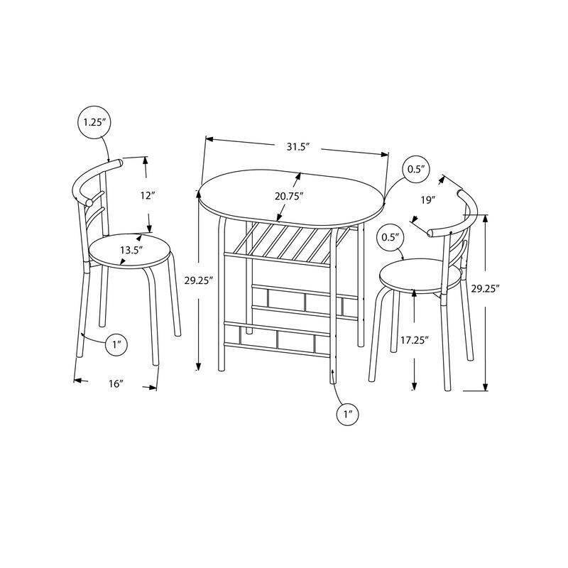 Monarch Specialties I 1208 Dining Table Set, 3pcs Set, Small, 32" L, Kitchen, Metal, Laminate, Black, Contemporary, Modern