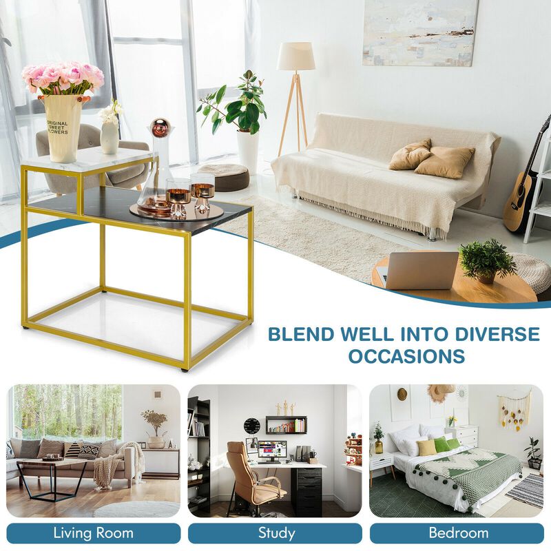 2 Tier End Side Table with Metal Frame and Storage Shelf for Living Room-White