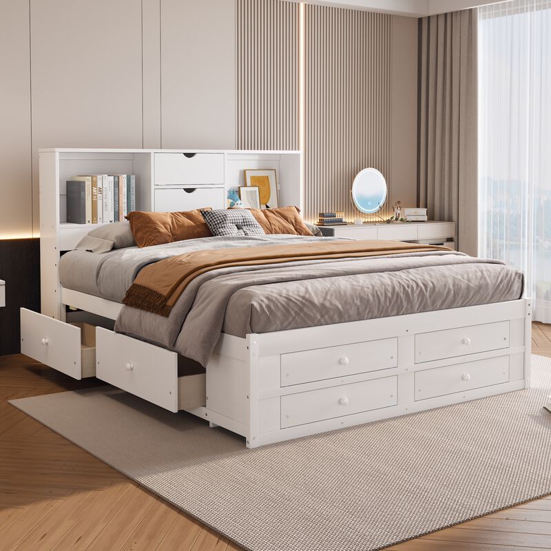 Merax Platform Bed with Storage Headboard and 8 Drawers