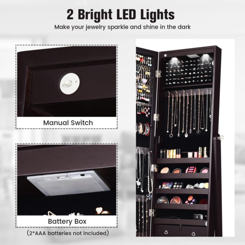 Hivvago Lockable Mirrored Jewelry Cabinet with Stand and Led Lights-Brown