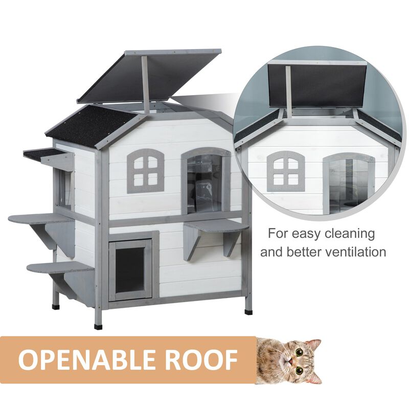 White Outdoor Cat Home: 2-Story Shelter with Escape Door and Platforms