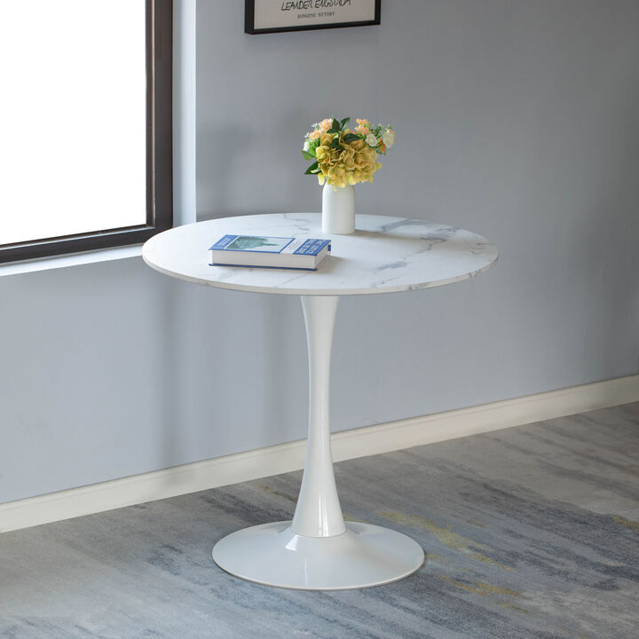 31.5" White Round Tulip Table with Modern Marble Painting Top and Sturdy Wooden Pedestal Stand, MDF Accent Dining Table