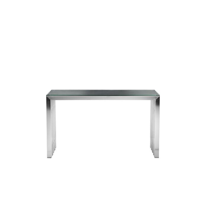 Namo 51 Inch Console Table, Tempered Glass Top, Slatted Silver Metal Frame - Benzara