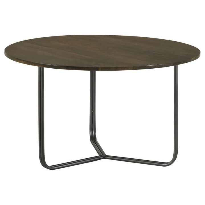 30 Inch Wood Round Accent Coffee Table with Triangular Base, Brown, Black - Benzara