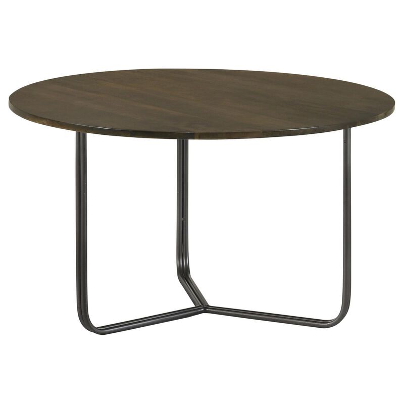 30 Inch Wood Round Accent Coffee Table with Triangular Base, Brown, Black - Benzara