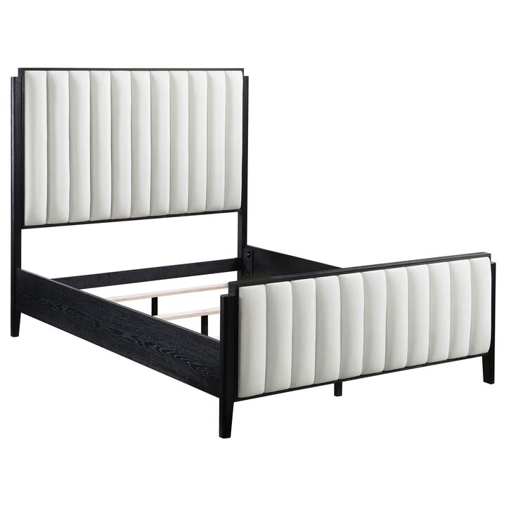 Jack California King Size Bed, Channel Tufted Ivory Upholstery, Black - Benzara