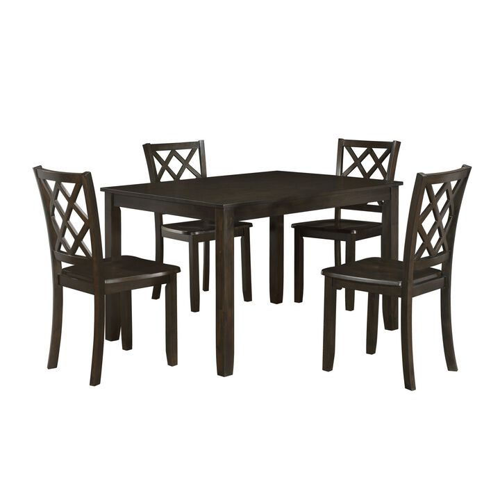 Ava 5pc Dining Table Set, 4 Lattice Back Chairs, Brown Rubberwood Frame - Benzara