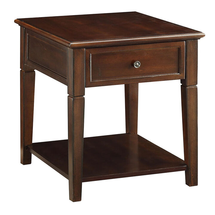 Wooden End Table with One Drawer and One Shelf, Walnut Brown-Benzara