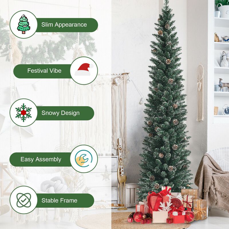 Snowy Artificial Pencil Christmas Tree with Pine Cones for Rustic and Space-Saving Holiday Decor