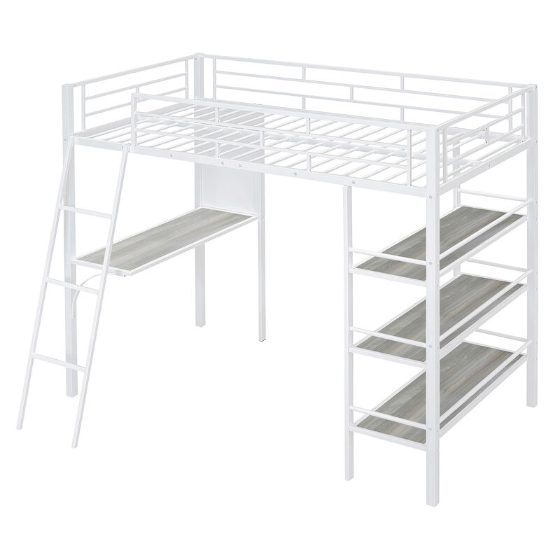 Merax Metal Loft  Bed with  Desk and 3 Layers of Shelves