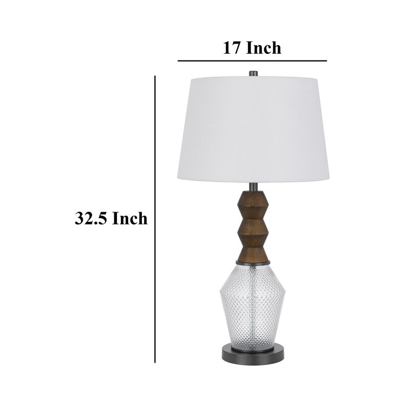 Hay 33 Inch Table Lamp, Diamond Pattern Glass Base, White Fabric Shade - Benzara