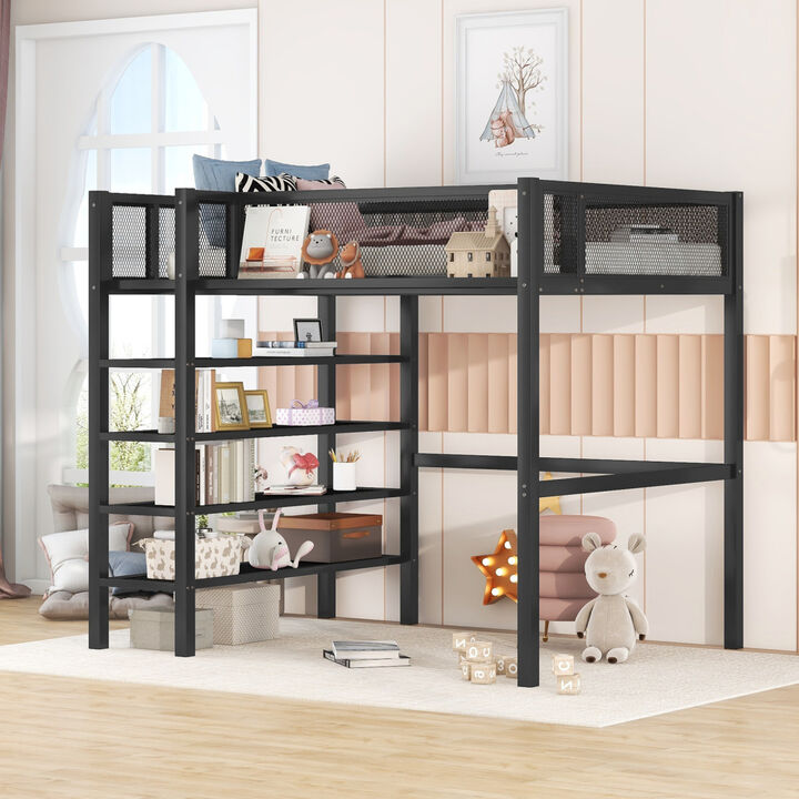 Twin Size Metal Loft Bed With 4 Tier Shelves And Storage