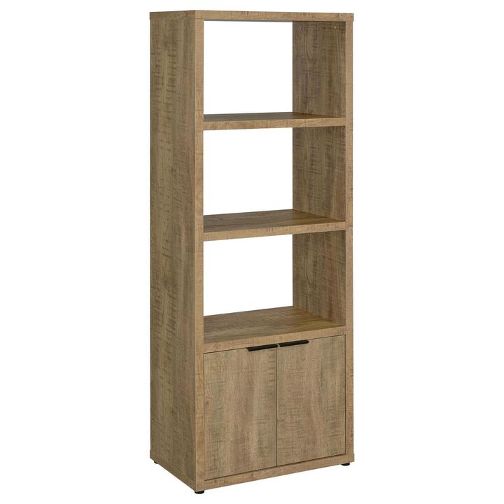 Tag 71 Inch Media Tower with 3 Shelves, 2 Doors, MDF Wood, Mango Brown - Benzara