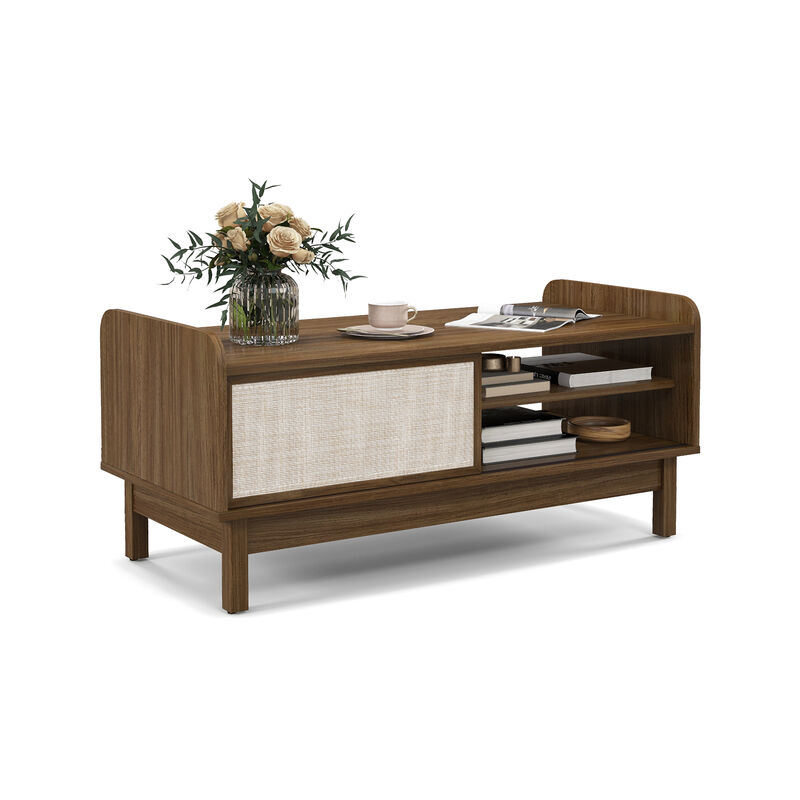 Mid-Century Center Table with Storage, Woven Sliding Door, and Adjustable Shelf for Living Room