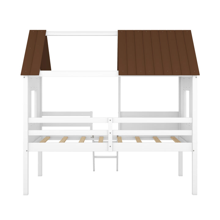 Twin Size Low Loft Wood House Bed With Two Side Windows