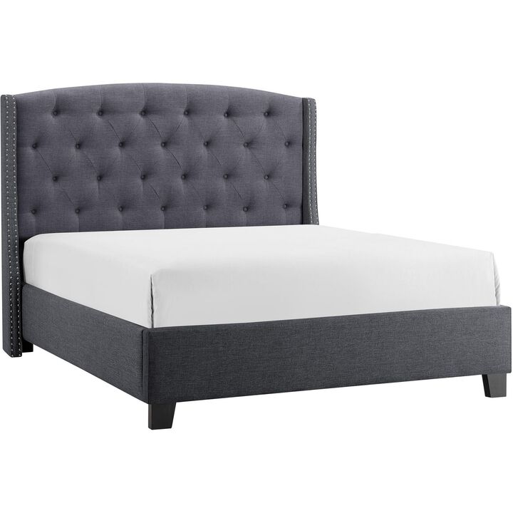 Elle King Size Bed, Low Profile, Button Tufted Upholstered Headboard, Gray - Benzara