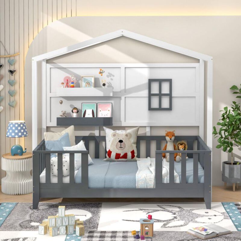 Hivvago Twin Wood House Bed Montessori Floor Bed with 2 Shelves and Guardrails