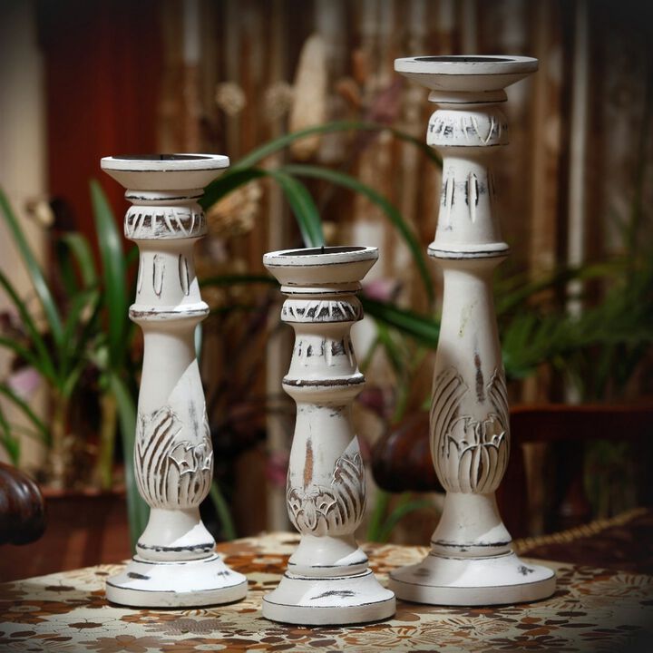 Benzara Distressed Mango Wood Pillar Shaped Candle holder, Set of 3, White-Benzara