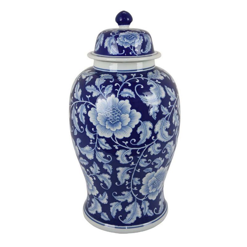 21 Inch Temple Ginger Jar, Blue, White Floral Print, Lid, Ceramic Pottery - Benzara