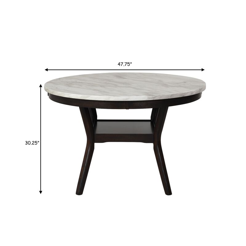 Kate 47 Inch Round Dining Table with Faux Marble Top, White and Brown - Benzara