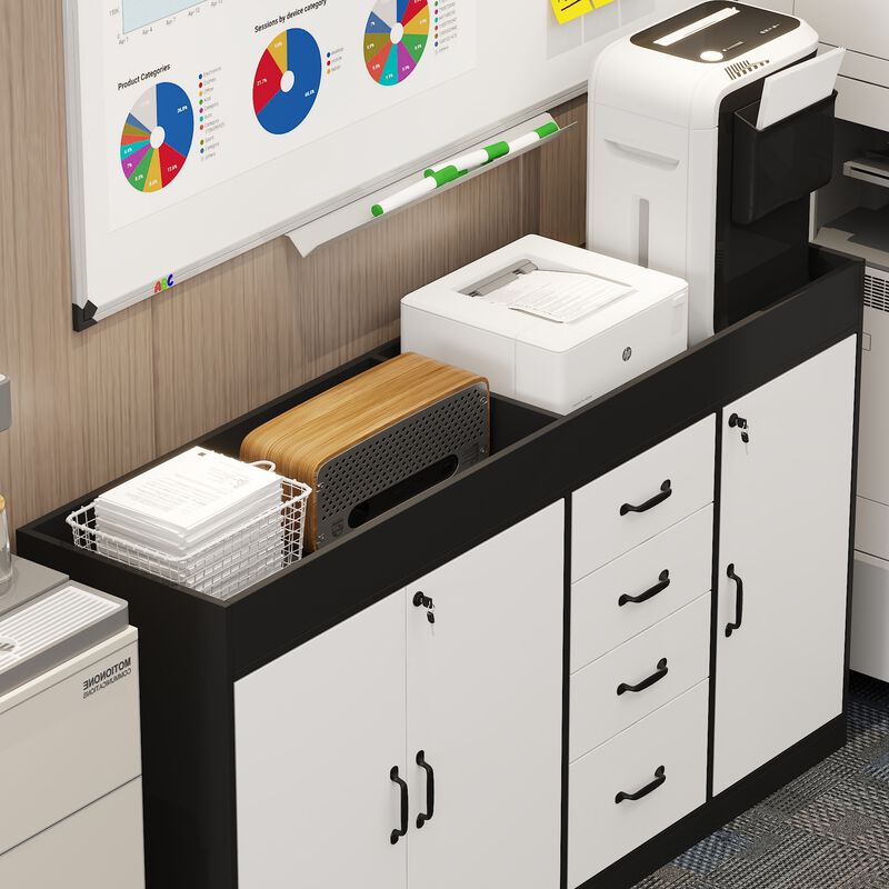 FUFU&GAGA Black and White Bookshelf with 4 Drawers and 3 Doors, Particle Board Construction with Laminate Finish (47.2" W x 31.5" H x 15.7" D), White