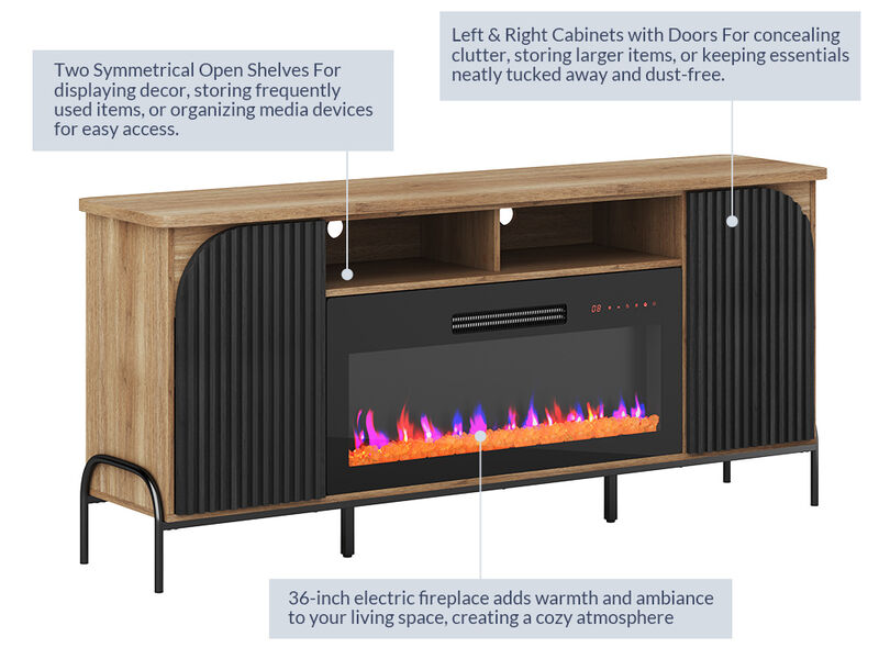 BELLEZE 68 Inch Fluted TV Stands with 36" Electric Fireplace,?Modern Fluted Entertainment Center with Open Storage Shelves& Cabinets, Media Console TV Cabinet For Living Room Bedroom (Camel)