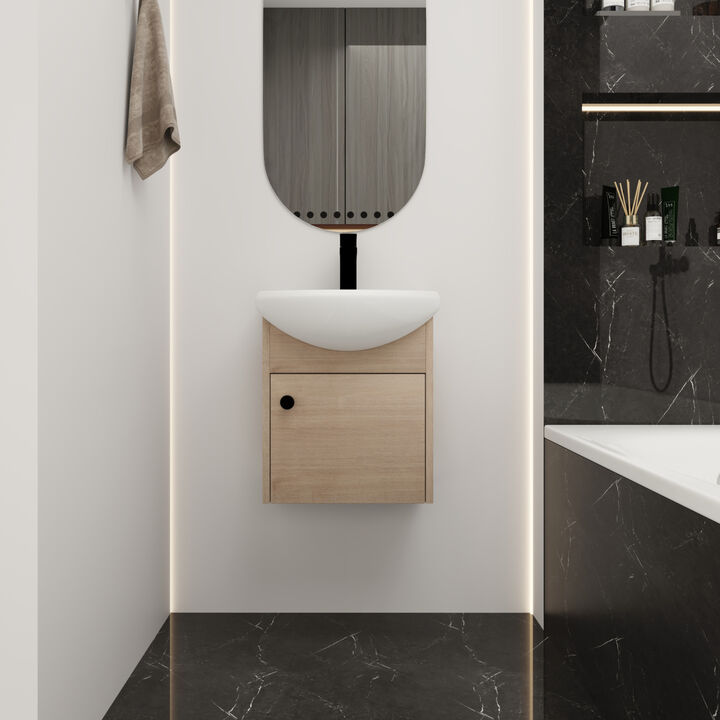 Small Size 18 Inch Bathroom Vanity With Ceramic Sink, Wall Mounting Design