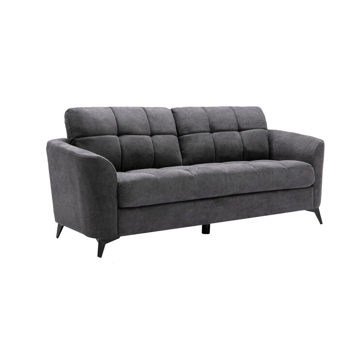 Odin Sofa with Tufted Cushioning, Black Frame, Gray Velvet-Benzara