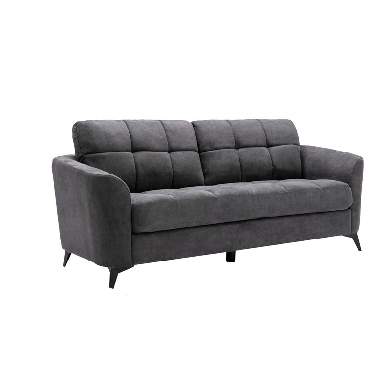 Odin Sofa with Tufted Cushioning, Black Frame, Gray Velvet-Benzara