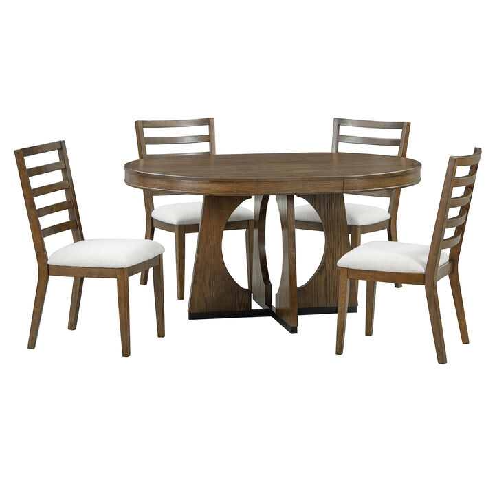 Gewnee  5-Piece Retro Rustic Functional Dining Set Unique Geometric Design, 1 Extendable Table with a 16-inch Leaf and 4 Upholstered Chairs Ideal for Dining Room and Kitchen (Walnut)