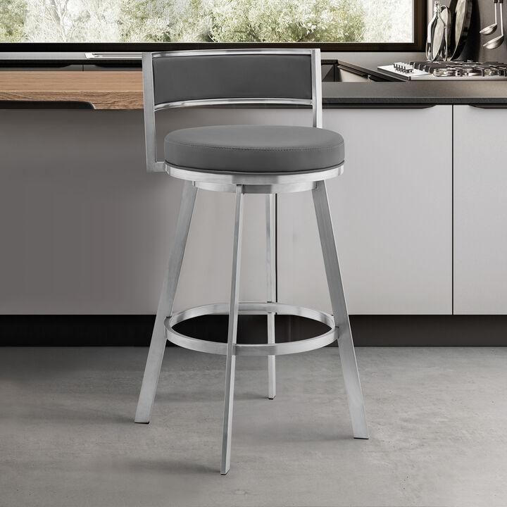 Roman  Gray Faux Leather and Brushed Stainless Steel Swivel Bar Stool