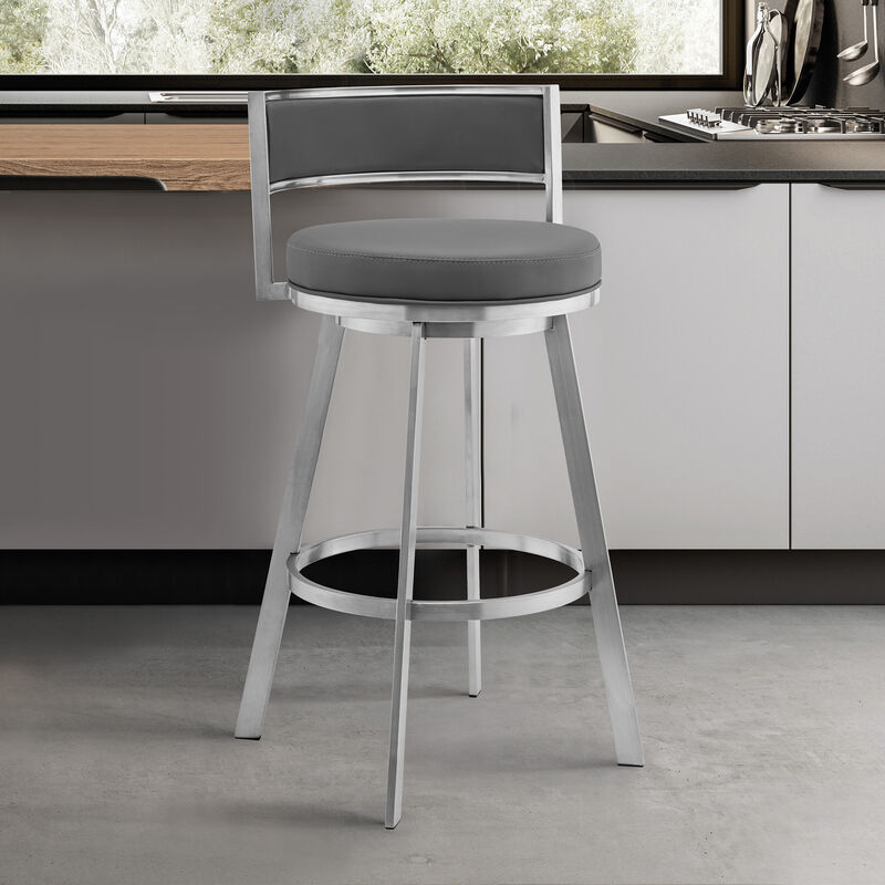 Roman  Gray Faux Leather and Brushed Stainless Steel Swivel Bar Stool