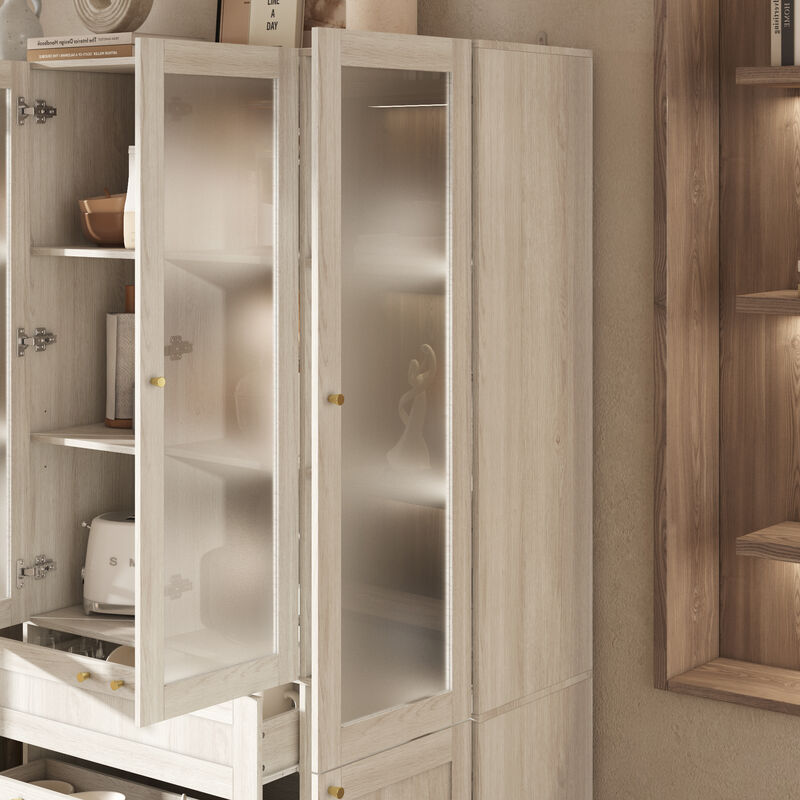FUFU&GAGA Modern Wood Grain Food Pantry Cabinet with Adjustable Shelves and Lockable Drawers (63" W x 70.9" H x 15.7" D), Elegant Glass Doors and Brass Pull Handles