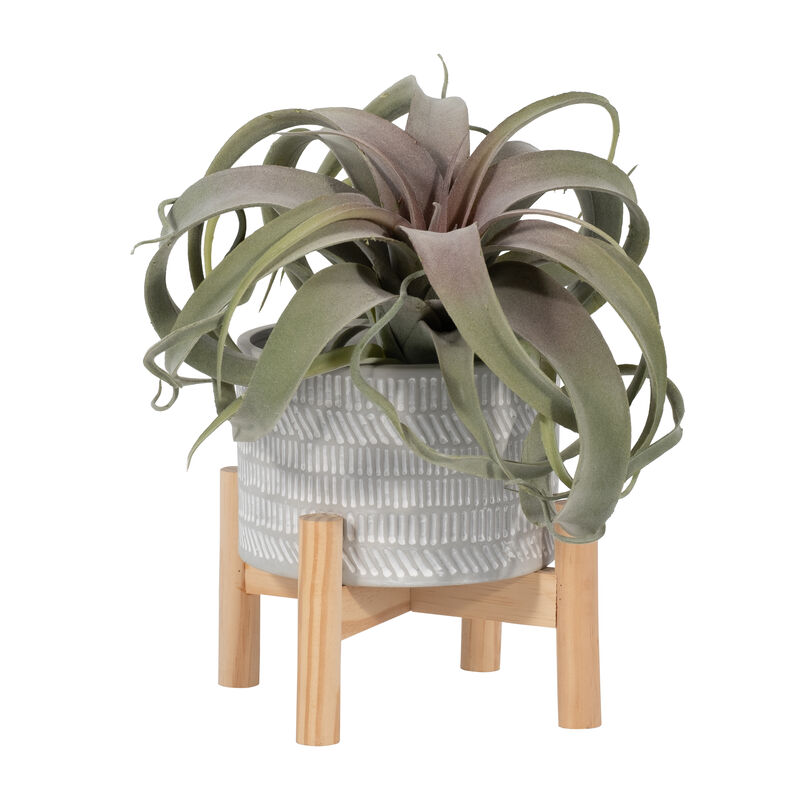 6" Ceramic Tribal Planter with Wood Stand, Beige