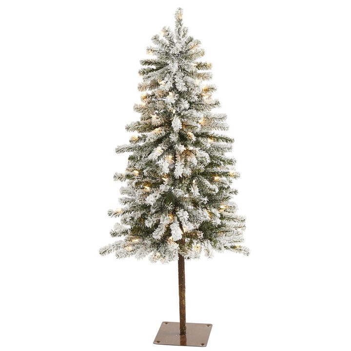 Nearly Natural Flocked Alpine Christmas Artificial Tree with Lights and Bendable Branches