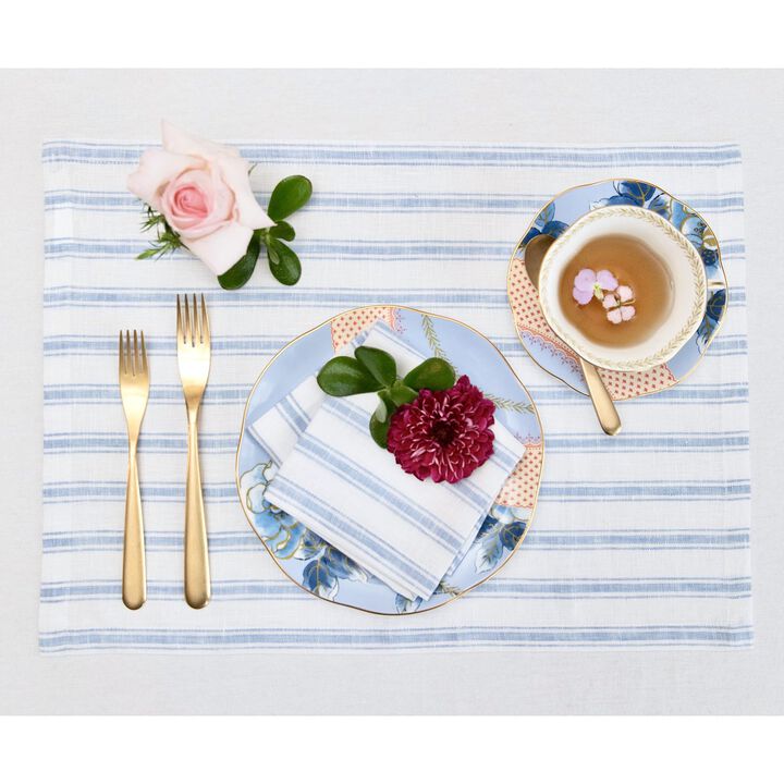 Solino Home 100% Pure Linen Placemats 14 x 19 Inch Set of 4 |Capri Ticking Stripe