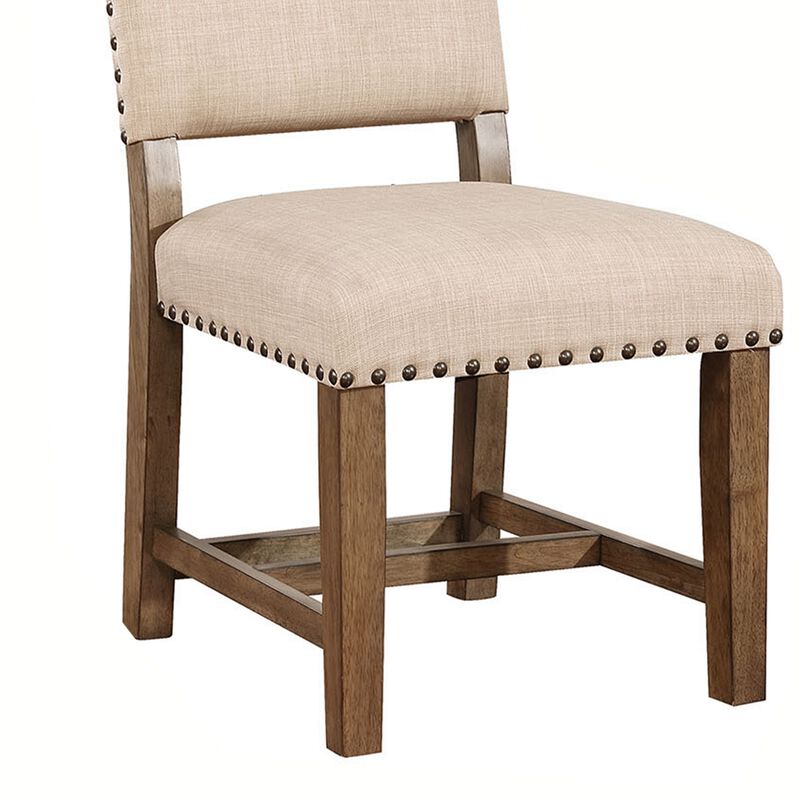 Fabric Upholstered Solid Wood Side Chair, Pack of Two, Beige and Brown-Benzara