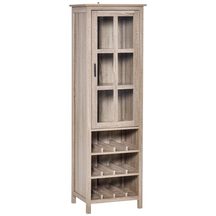 Grey Oak Bar Cabinet: Tall Wine Display with Glass Door and Storage