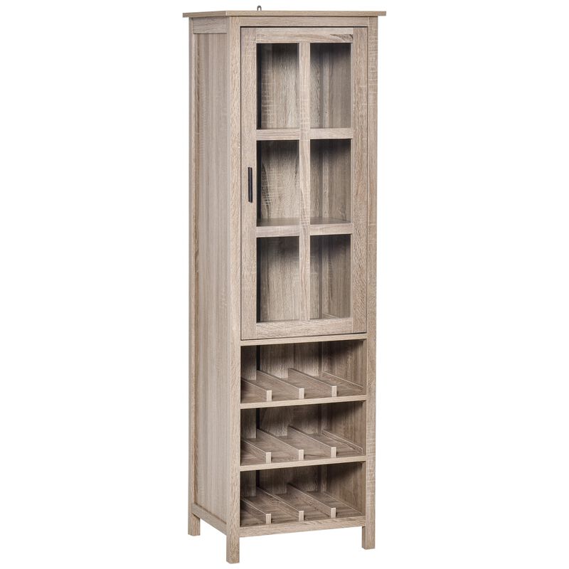 Grey Oak Bar Cabinet: Tall Wine Display with Glass Door and Storage