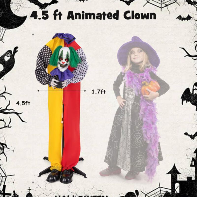 Hivvago 4.5FT Grins Animatronic Clown with Pre-Recorded Phrases and LED Eyes