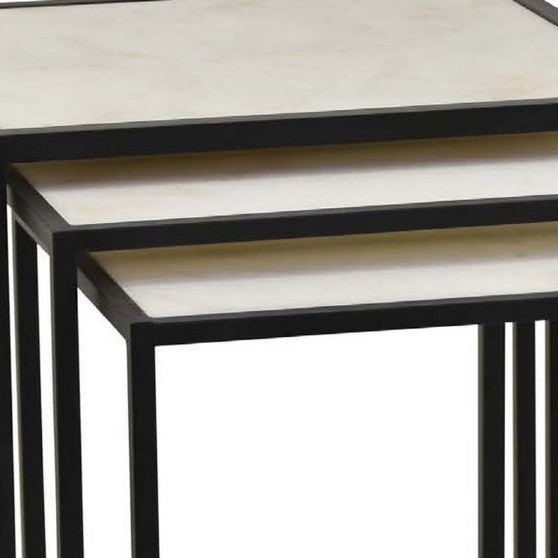 Plant Stand Table Set of 3, Nesting Open Black Metal Frame, White Top - Benzara
