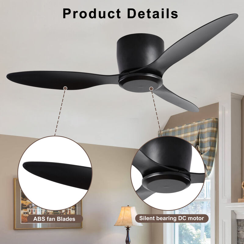 Modern  Low Profile Ceiling Fan, No Light, 6-Speed Reversible DC Motor